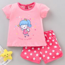 Babyhug Half Sleeves Night Suit Fairy Print - Pink-image-99