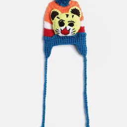 MayRa Knits Hand Knitted Tiger Embroidered With Tie Up Detail Bobble Cap - Orange & Blue-picture-34