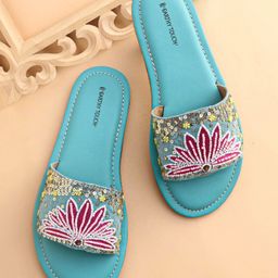 Earthy Touch Slip On Ethnic Wear Mojaris Embellished with Beads & Sequins - Sea Green-picture-15