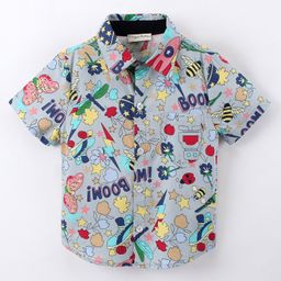 CrayonFlakes Half Sleeves BOO Flowers Stars Printed Shirt - Grey-image-19