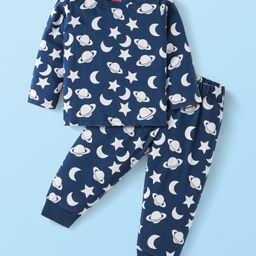 Babyhug Single Jersey Full Sleeves Night Suit Stars Print - Navy Blue-image-92
