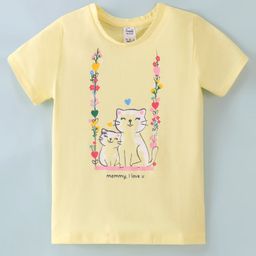 Simply Sinker Cotton Knit Half Sleeves Kitten Printed T-Shirt -Yellow-image-9