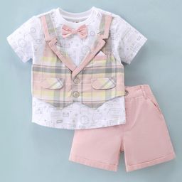 ToffyHouse Party Suits Half Sleeves T-Shirt & Shorts With Bow Detailing - White & Pink-image-66