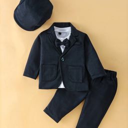 Robo Fry Full Sleeves Party T-Shirt & Trouser Set with Blazer Bow Applique & Hat  Solid Colour  - Navy Blue-image-52