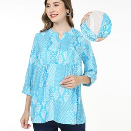 Bella Mama Woven Three Fourth Sleeves Maternity Top with Floral Print with Pintucks - Blue-image-74