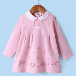 ToffyHouse 100% Cotton Knit Full Sleeves Peter Pan Collared Frock with Floral Print - Pink-image-41