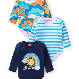 Babyhug 100% Cotton Full Sleeves Onesies Clouds Print Pack of 3 - Blue-image-78