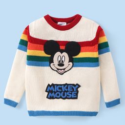 Babyhug Disney Knitted Full Sleeves Pullover Sweater with Stripes & Mickey Mouse Graphics - White-picture-22