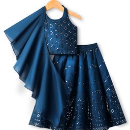Babyhug Woven Halter Neck Lehenga Choli Set with Embroidery Mirror Sequin & Dupatta - Navy Blue-image-90