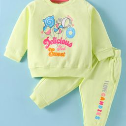 Zero Female Fleece Knit Full Sleeves Winter Wear T- Shirt & Lounge Pant Set Text Print - Lime Green-image-47