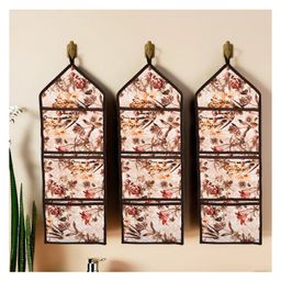 Kuber Industries Pack of 3 Wall Hanging Organizer | Foldable Document Holder | Quilted Fabric Stationary-Magazine Organizer | Waterproof 3 Multi-Purpose Pocket | Brown Flower | Cream-image-97