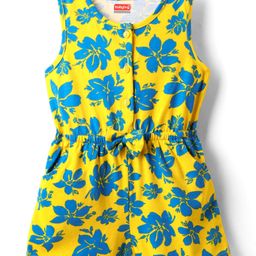 Babyhug Cotton Knit Sleeveless Jumpsuit With Floral Print & Bow Applique - Yellow-image-54