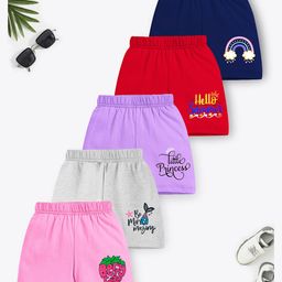 Trampoline Cotton Blend Pack Of 5 Rainbow & Little Princess Text Printed Shorts - Multi Colour-6