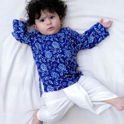 BownBee Pure Cotton Full Sleeves Floral Printed Kurta & Dhoti Set - Indigo-picture-23