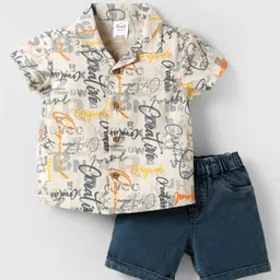 Simply Premium Linen Woven Half Sleeves Shirt & Denim Shorts Set With Text Print - Grey-picture-42