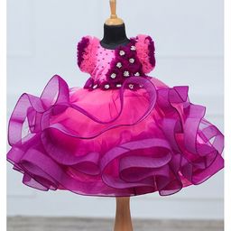 Li & Li Couture Net Half Sleeves Floral Applique & Ruffle Detailed Pearls Embellished Gown - Rose Pink Plum & Purple-image-75