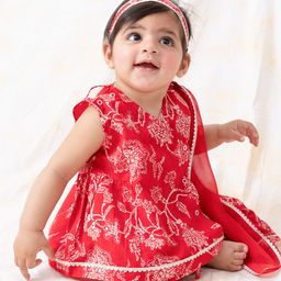 Tiber Taber 100% Cotton Sleeveless Floral Printed Gota Lace Embellished Kurta Salwar With Dupatta Set - Red-image-47