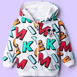 Babyhug Disney Terry Knit Oversize Drop Shoulder Full Sleeves Front Open Hooded Sweatjacket With Mickey Mouse Print - White-picture-47