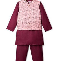 Babyhug Woven Full Sleeves Kurta Pyjama Set With Embroidered Jacket - Wine-picture-41
