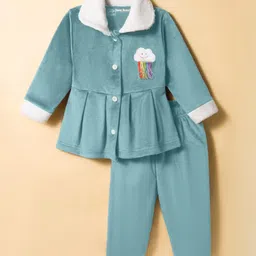 Little Darlings Fleece Knit Full Sleeves Winter Wear Top & Leggings Set with Cloud & Rainbow Patch - Light Blue-picture-21