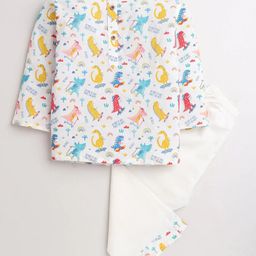 Polka Tots Cotton Woven Full Sleeves Dinosaurs Printed Coordinating Night Suit Set - White-image-58