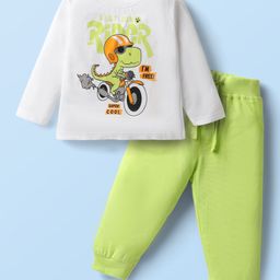 Doodle Poodle 100% Cotton Knit Full Sleeves T-Shirt & Joggers with Dino Print - White-picture-40