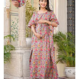 Aujjessa Cotton Woven Half Batwing Sleeves Floral Printed Maternity Nighty With Front Zipper Nursing Access - Grey & Melange-picture-43
