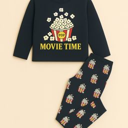Unicorns Cotton Woven Full Sleeves Movie Time Text Printed Coordinating Night Suit Set - Navy Blue-image-94