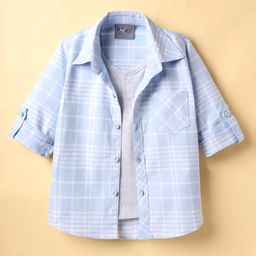Dapper Dudes Full Sleeves Checked Shirt With Attached Tee - Sky Blue-picture-16