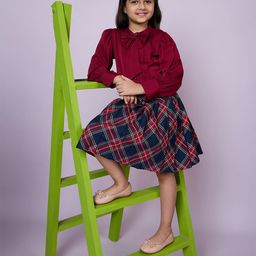 Peppermint Girls Checked Printed Mandarin Collar Top With Skirt-image-78