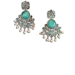 NAMAN ARTS Silver-Plated Stones Studded & Beaded Contemporary Drop Earrings image 2