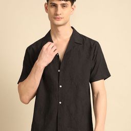 Voroxy Men Relaxed Cuban Collar Textured Polycotton Casual Shirt-image-96