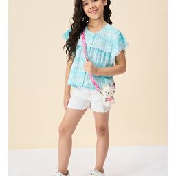 StyloBug Half Flutter Sleeves Checked & Lace Embellished Top -Blue image 5