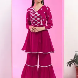 Sangria Girls Pink Floral Embroidered Angrakha GeorgetteA-Line Kurta And Sharara-picture-36