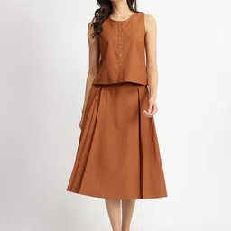 Pink Fort Linen Blend Solid Skirt Set-image-117
