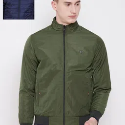 Pierre Carlo Men Olive Green & Navy Blue Solid Reversible Padded Jacket-42
