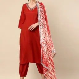 Moda Rapido Floral Embroidered V-Neck Flared Sleeves A-Line Kurta With Trousers & Dupatta-picture-15