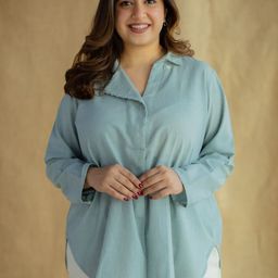 THE INDIAN ETHNIC CO Women Blue Slub Cotton Embroidered Short Top-57