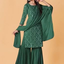 PARROT CREATION Women Embroidered Regular Sequinned Kurti with Sharara & With Dupatta-10