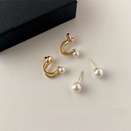 PolluxCraft Gold-Plated Pearls Contemporary Shaped Korean Studs-4