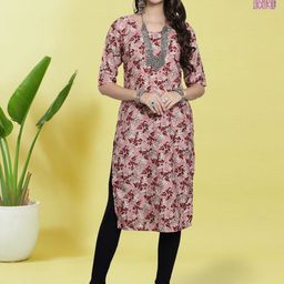 HERE&NOW Selection Of 2 Floral Printed Round Neck Straight Kurtas-picture-11