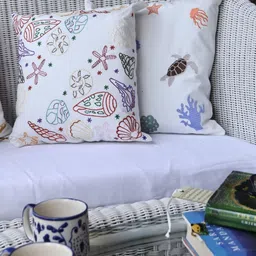Crown of Poppies Beachy Vibes White & Blue 2 Pieces Embroidered Square Cushion Covers-image-26