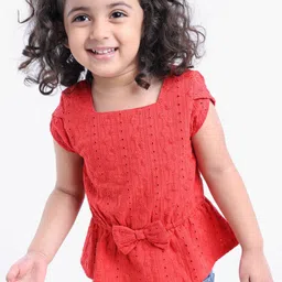 Babyoye Short Sleeves Cotton Embroidered Peplum Top with Bow Applique - Red-picture-42