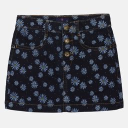 Kiddopanti Daisy Flower Printed Button Down Denim Skirt - Dark Blue-picture-17
