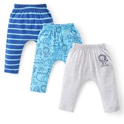 Babyhug Cotton Knit Interlock Full Length Diaper Leggings With Animals Print Pack Of 3 - Blue & Grey-image-76