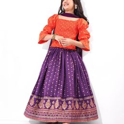 Earthy Touch 100% Cotton Knit Full Sleeves Choli Lahenga Set with Dupatta with Floral Print - Purple-image-119