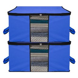 Kuber Industries Underbed Storage Bag   Clothes Storage Organizer  Blanket Cover with Clear Window  Zipper Closure & Handle Cloth Organizer  Plain Black Border  Large  Pack of 2  Blue-5