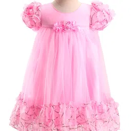 Babyhug Woven Puff Sleeves Fit and Flare Party Dress with Floral Corsage & Sequins - Pink-picture-12