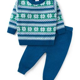Babyhug Knitted Full Sleeves Pullover Sweater Set With Intarsia Design - Green & Blue-image-91