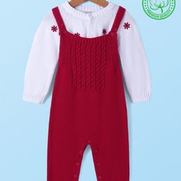 Babyhug Winter Wear Cable Knit Designed Dungaree with Full Raglan Sleeves Inner Tee Floral Embroidery - Dark Red & White-image-61